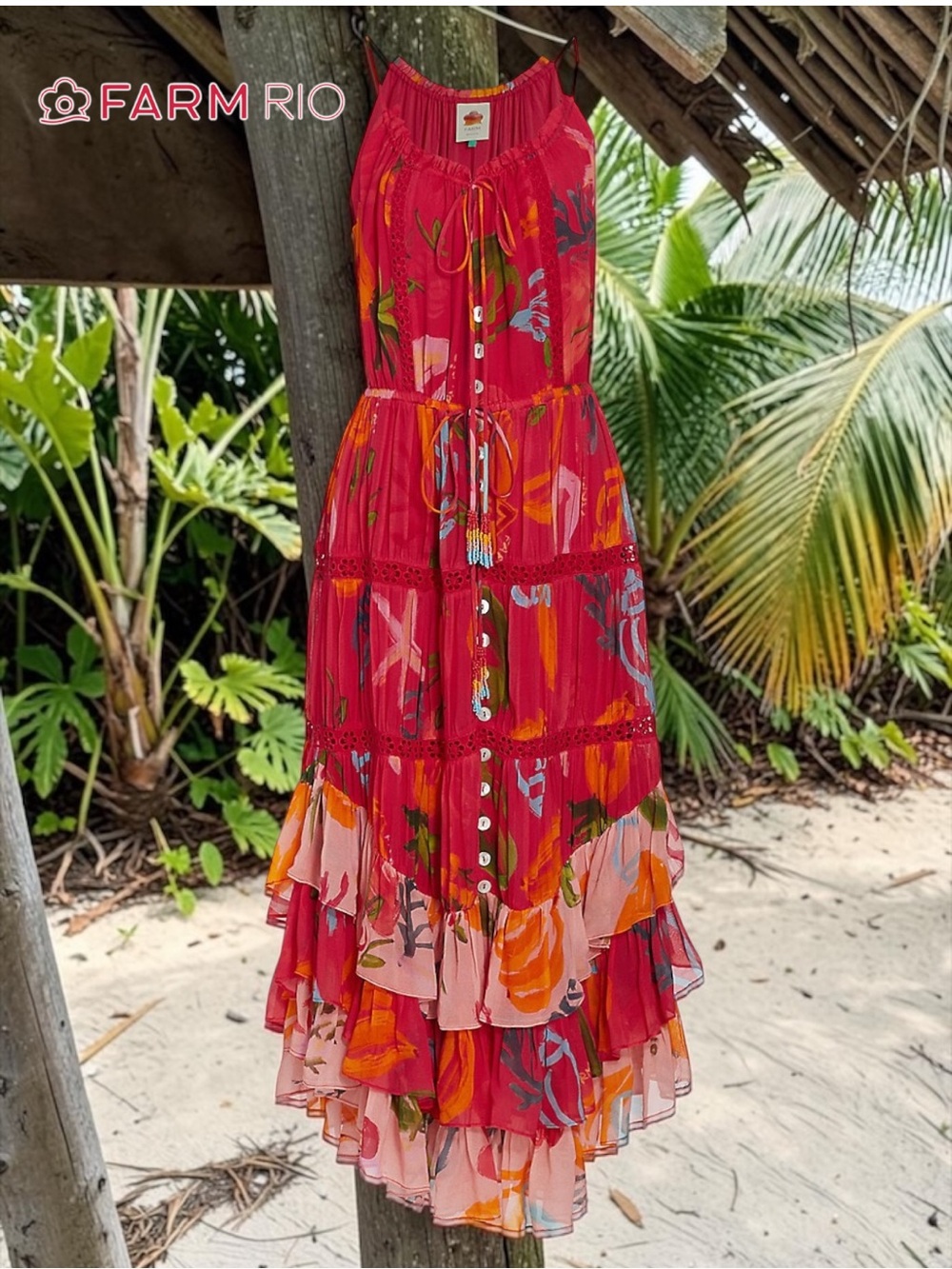 FARM Rio Mixed Fruits Ocean Maxi Dress Tropical Tiered Ruffle Sz L NWOT
